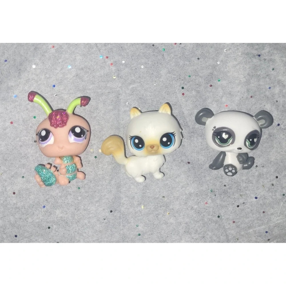Hasbro Littlest Pet Shop LPS Lot 3 Figures Caterpillar Cat Panda Glittery Toy